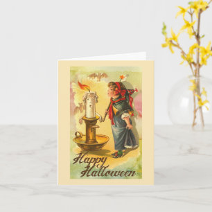 Happy Halloween Candlestick und Girl Vintag Karte