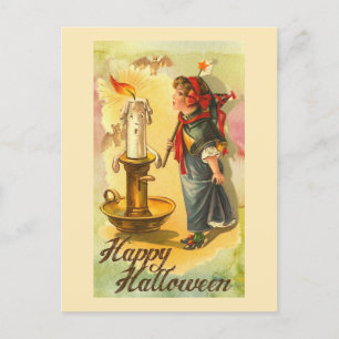 Happy Halloween Candlestick und Girl Vintag Postkarte