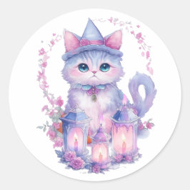 Happy Halloween Cat and Candles Runder Aufkleber