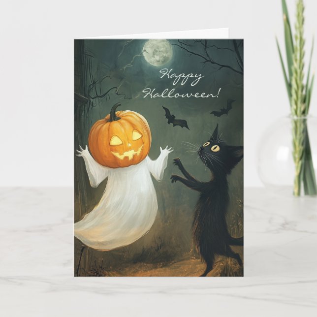 Happy Halloween Cat and Ghost Fun Dankeskarte (Vorderseite)