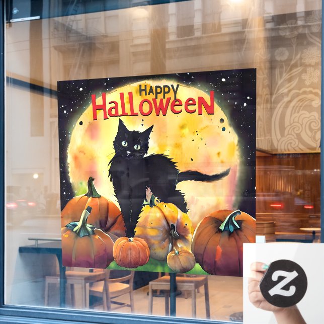 Happy Halloween Cat and Pumpkins Fensteraufkleber (Café-Fenster)