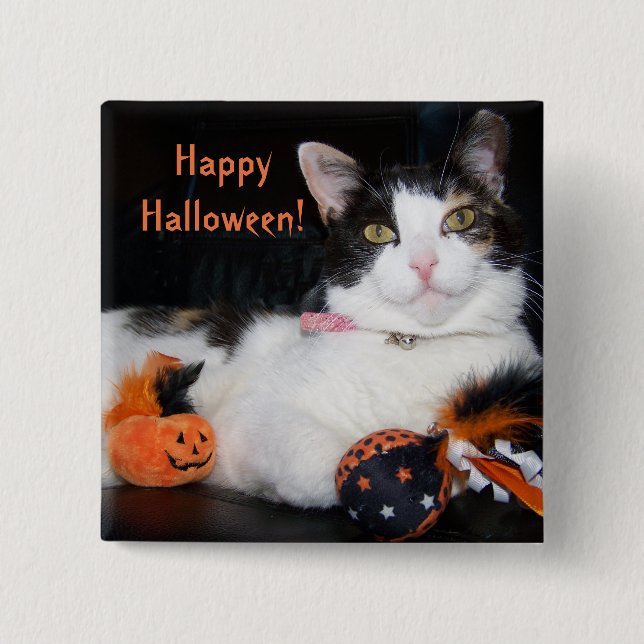 Happy Halloween Cat Calico Kitty mit Pumpkin Button (Vorderseite)