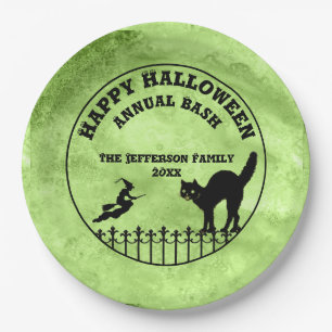 Happy Halloween Cat Hexe Silhouette Green Grunge Pappteller