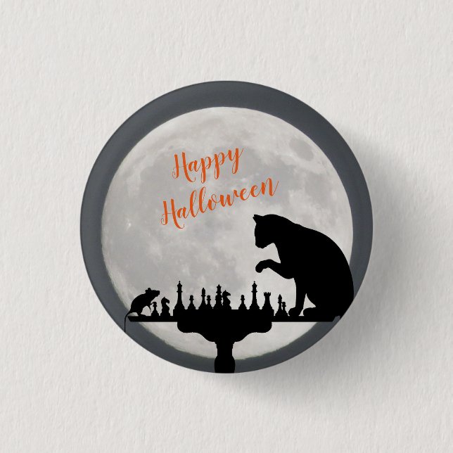 Happy Halloween Cat N Maus Vollmond Button (Vorderseite)