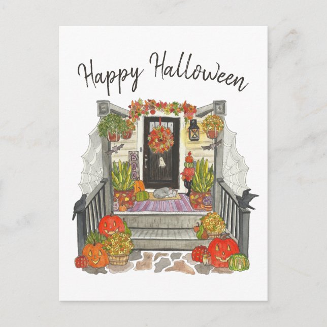 Happy Halloween Cat Watercolor Postkarte (Vorderseite)