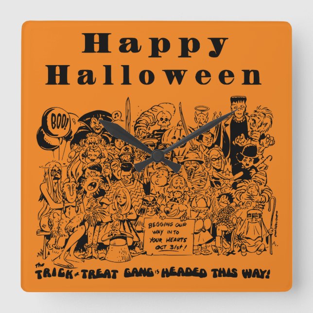 Happy Halloween Character Quadratische Wanduhr (Vorderseite)