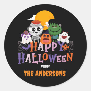 Happy Halloween Characters Custom Familienname Runder Aufkleber