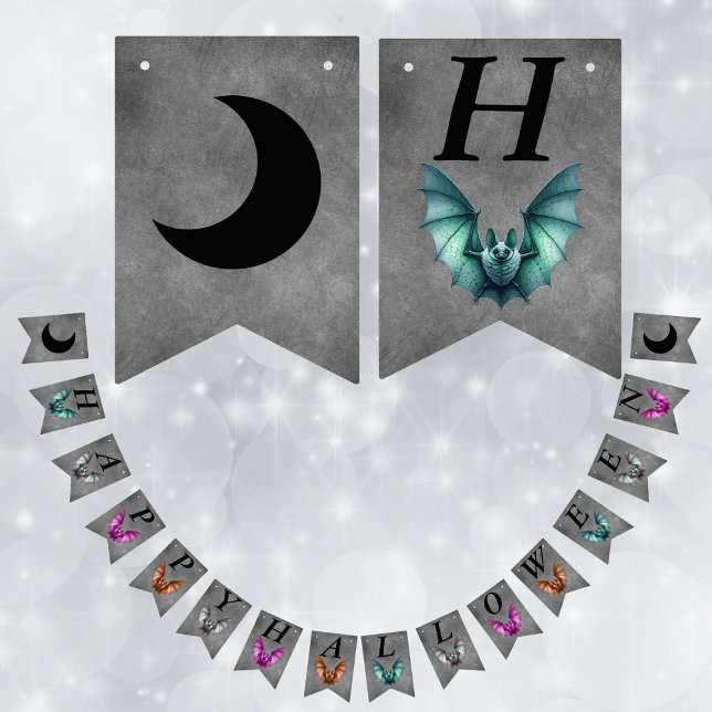 Happy Halloween Colourful Flying Bats Dark Grey Wimpelkette (Flying Gothic bats in various vibrant colours on grey Happy Halloween flag banner decoration.)