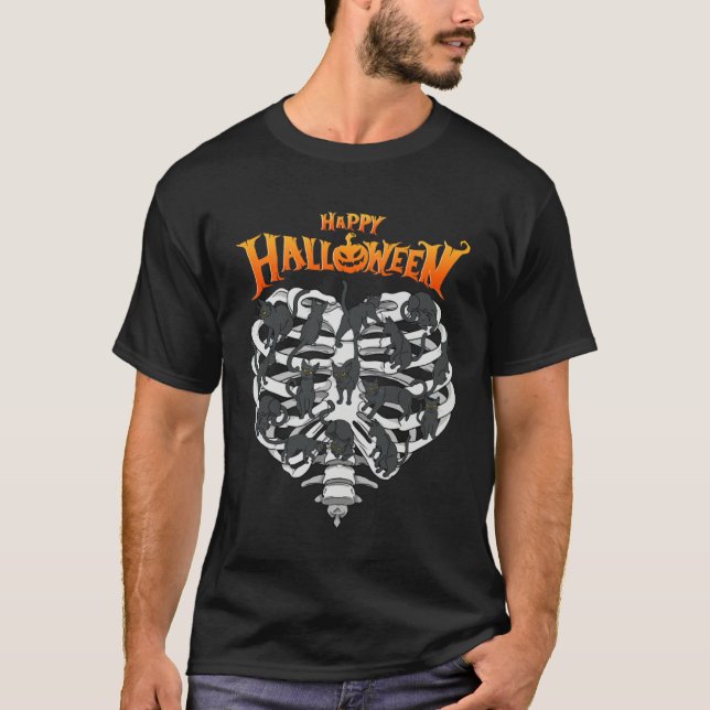 Happy Halloween Cool Black Cats Humor Skeleton T-Shirt (Vorderseite)