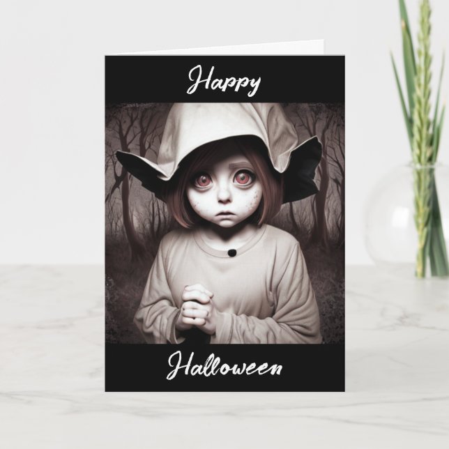 Happy Halloween | Creepisches Kind in seltsamer Ko Karte (Vorderseite)