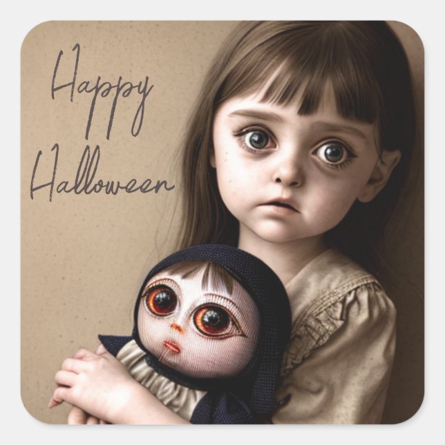 Happy Halloween | Creepy Girl and Doll Quadratischer Aufkleber (Vorderseite)