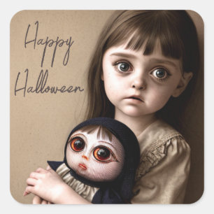Happy Halloween   Creepy Girl and Doll Quadratischer Aufkleber