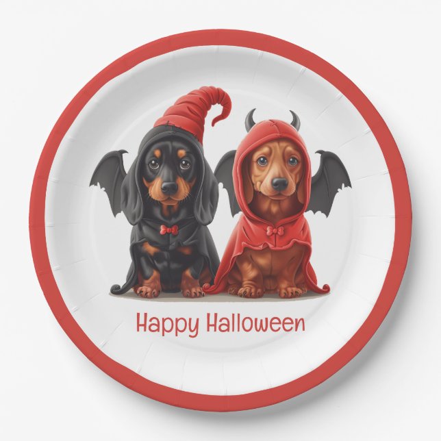 Happy Halloween Dackel Hunde Devil Bat Pappteller (Vorderseite)