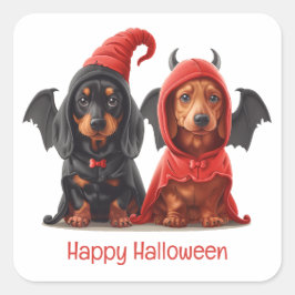 Happy Halloween Dackel Hunde Devil Bat Quadratischer Aufkleber