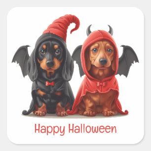 Happy Halloween Dackel Hunde Devil Bat Quadratischer Aufkleber
