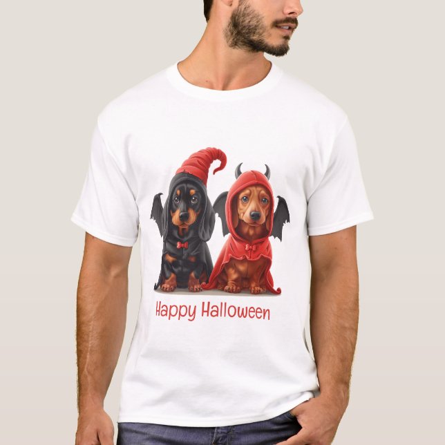 Happy Halloween Dackel Hunde Devil Bat T-Shirt (Vorderseite)