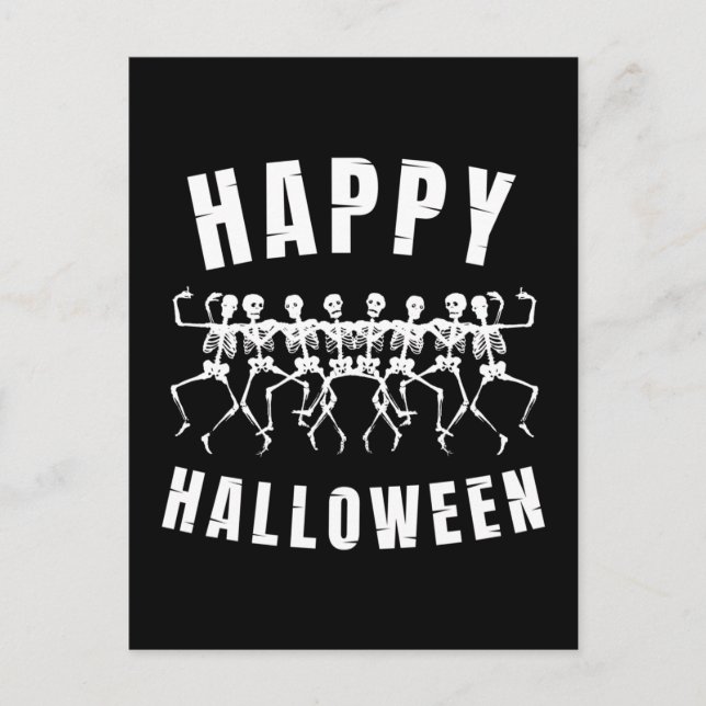HAPPY HALLOWEEN DANCING SKELETONS POSTKARTE (Vorderseite)