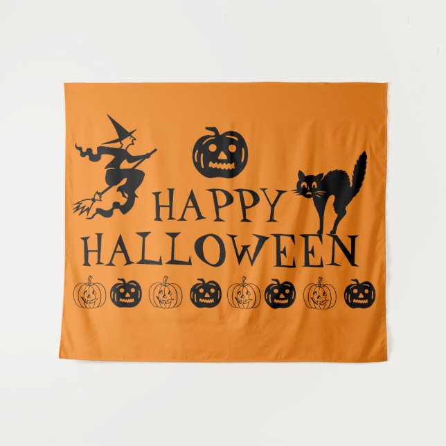 Happy Halloween-Dekor in Schwarz und Orange Wandteppich (Vorderseite (Horizontal))