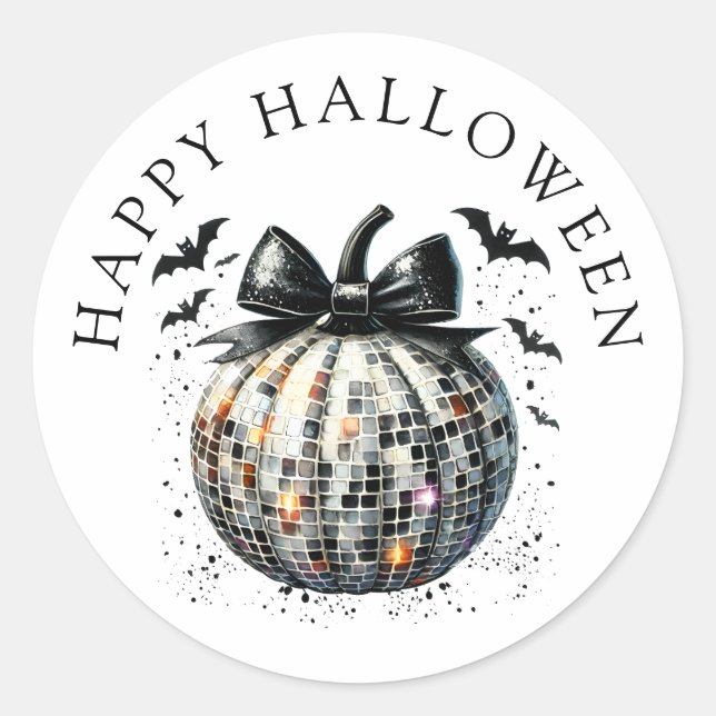 Happy Halloween Disco Ball Pumpkin Black Bow Runder Aufkleber (Vorderseite)