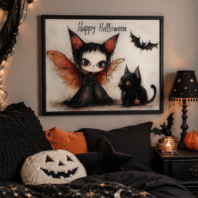 Happy Halloween Fairy & Cat | Niedlich Spooky Wall Poster (Von Creator hochgeladen)