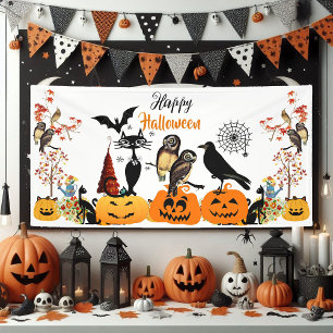 Happy Halloween Fall Pumpkin Black Cat Owl Spooky Banner