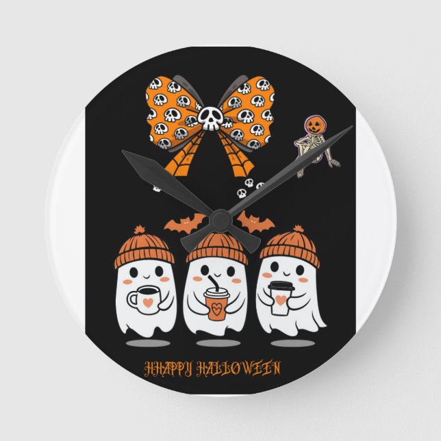 Happy Halloween – fantômes café mignons Runde Wanduhr (Vorderseite)