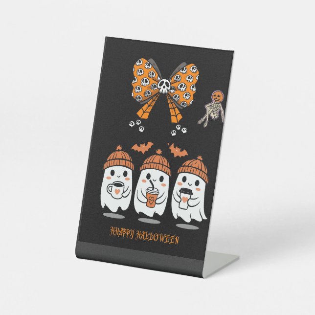 Happy Halloween – fantômes café mignons Sockelschild (Vorderseite)