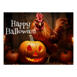 Happy Halloween Farm Chicken Rooster Pumpkin Patch Poster
