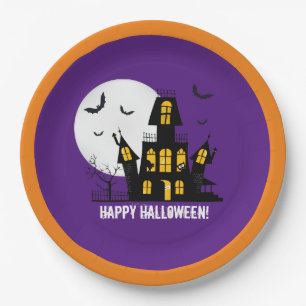 Happy Halloween Flying Bats Spooky Spuk House Pappteller