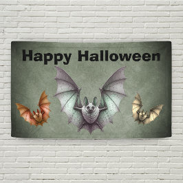 Happy Halloween Flying Creepy Bats Grunge Grey Banner