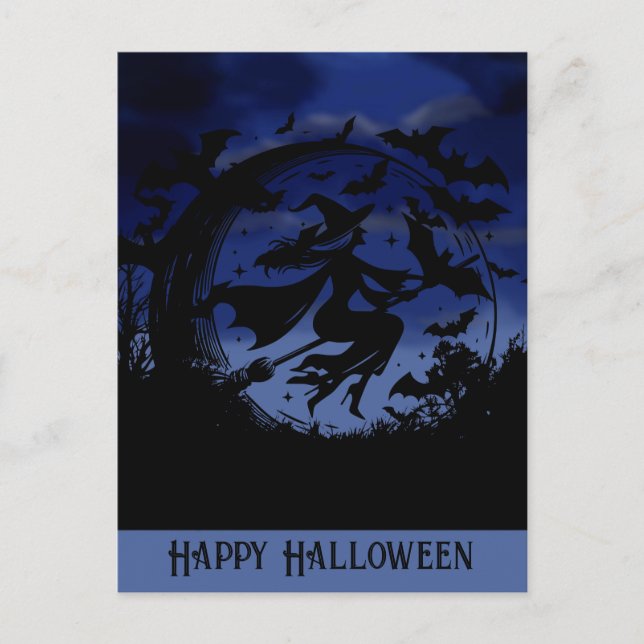 Happy Halloween Flying Hexe Postkarte (Vorderseite)