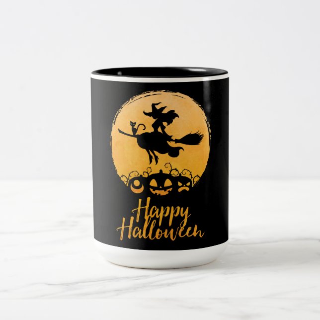 Happy Halloween Flying Hexe Zweifarbige Tasse (Mittel)