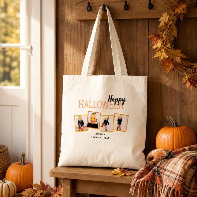 Happy Halloween Foto Collage Trick oder Treat Tragetasche (Create a special Halloween keepsake with four favorite photos and a personalized name. )