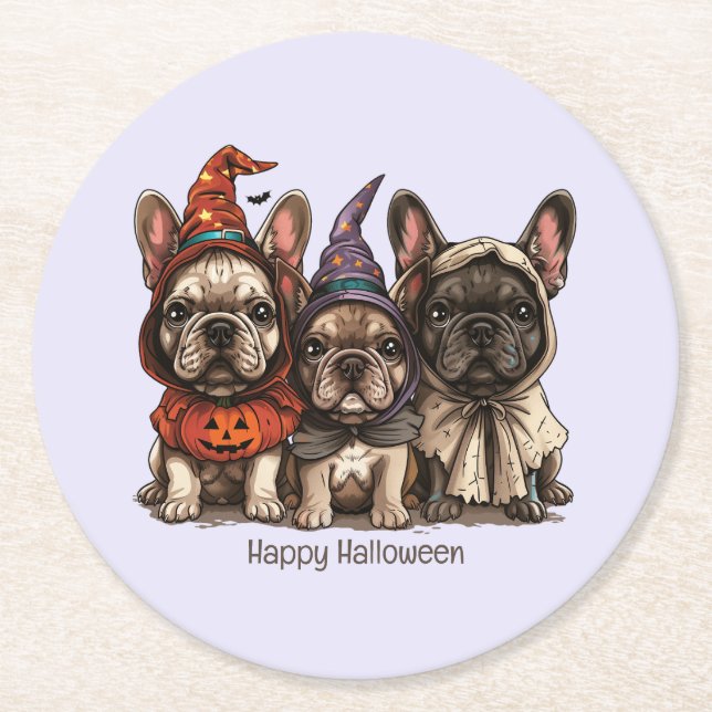 Happy Halloween French Bulldogs Runder Pappuntersetzer (Vorderseite)