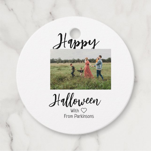 Happy Halloween fügen Familienname Foto schwarz Geschenkanhänger (Vorderseite)