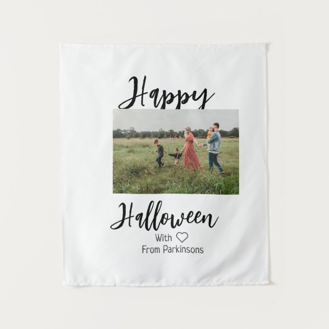 Happy Halloween fügen Familienname Foto schwarz Wandteppich (Vorderseite)