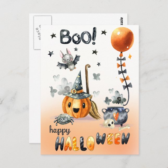 Happy Halloween. Fun Jack O'Lantern und Little Bat Postkarte (Vorne/Hinten)