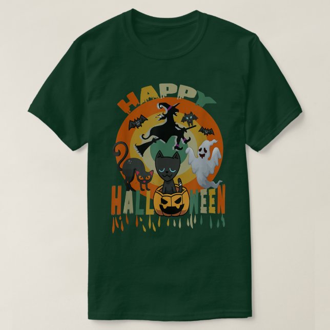 Happy Halloween Funny Black Cat Pumpkin Hexe Ghos T-Shirt (Design vorne)