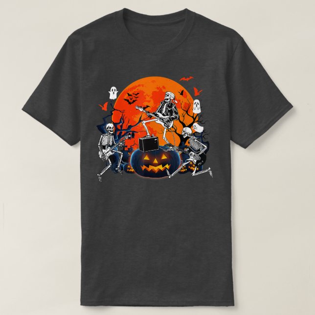 Happy Halloween Funny Skeleton Playing Gitarrenpum T-Shirt (Design vorne)
