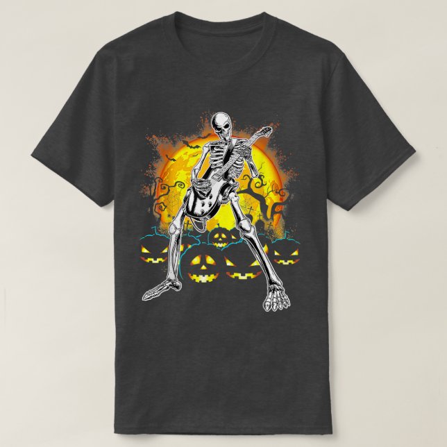 Happy Halloween Funny Skeleton Playing Guitar Pump T-Shirt (Design vorne)