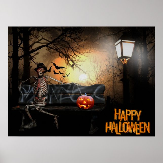 Happy Halloween Funny Spooky Skeleton auf der Bank Poster (Vorne)