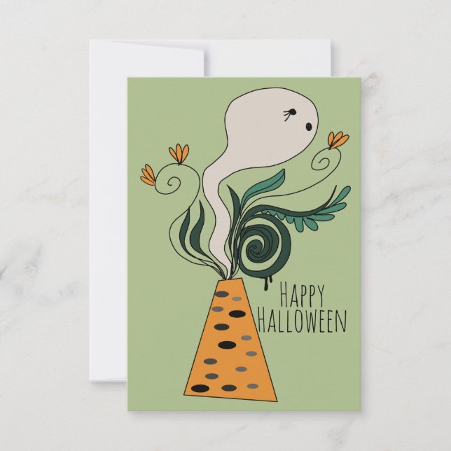 Happy Halloween Ghost Greenery Floral Doodle Karte (Vorderseite)