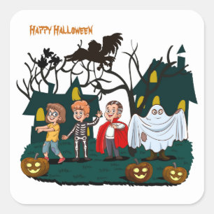 Happy Halloween Ghost und Pumpkins Quadratischer Aufkleber