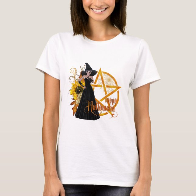 Happy Halloween Golden Pentagram Hexe T-Shirt (Vorderseite)