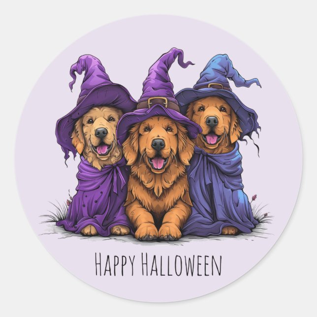 Happy Halloween Golden Retriever Hunde Hexen Runder Aufkleber (Vorderseite)