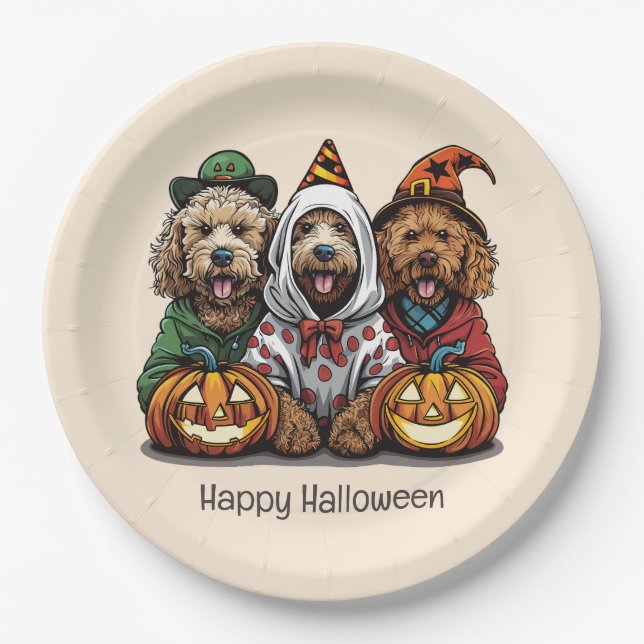 Happy Halloween Goldendoodle Hunde Pappteller (Vorderseite)