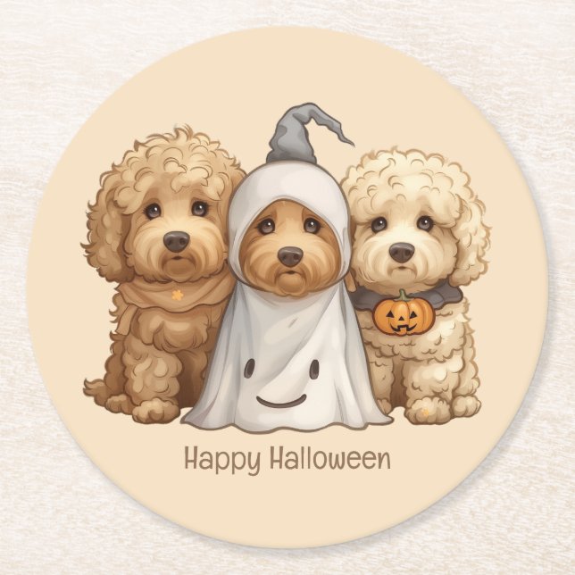 Happy Halloween Goldendoodle Hunde Runder Pappuntersetzer (Vorderseite)