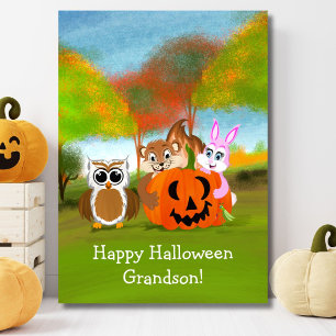 Happy Halloween Grandson Chipmunk, Rabbit & Owl Karte
