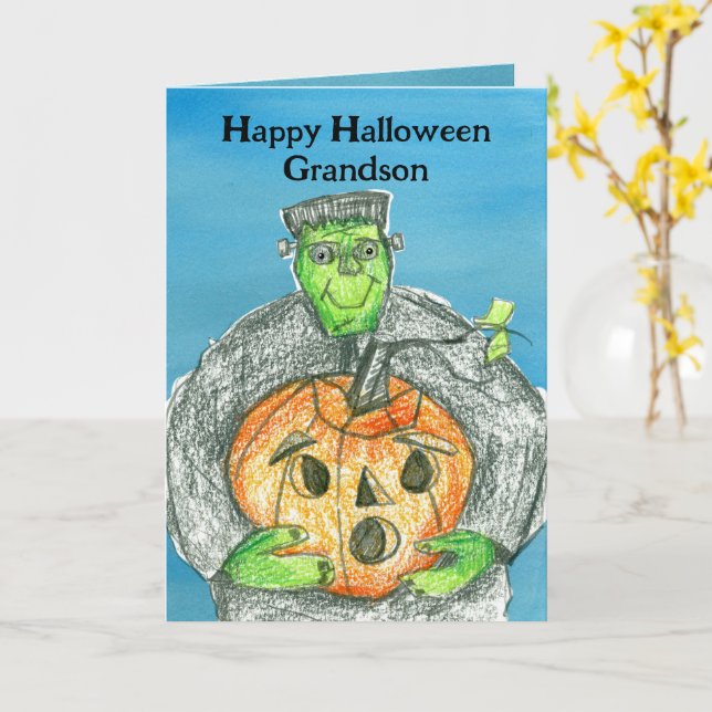 Happy Halloween Grandson Frankenstein Pumpkin Karte (Gelbe Blume)