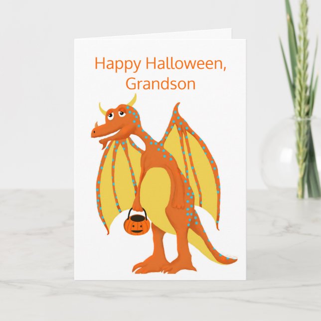 Happy Halloween, Grandson, Friendly Orange Dragon Karte (Vorderseite)